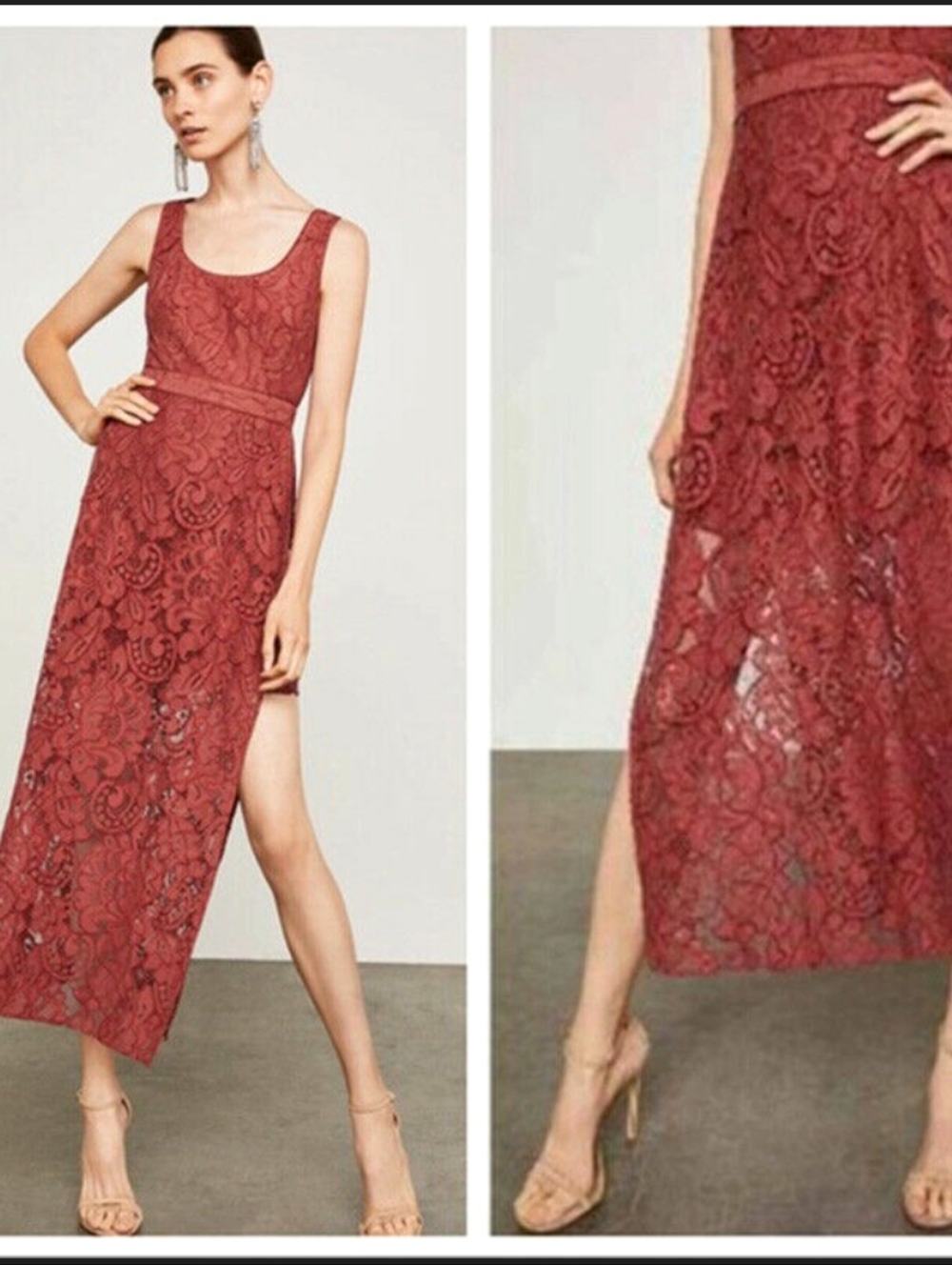 BCBGMaxAzria Rust Red Lace Maxi Dress with Side Slit